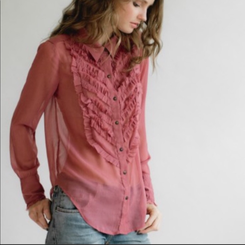 Free People ~ Sheer Button down Ruffle Top